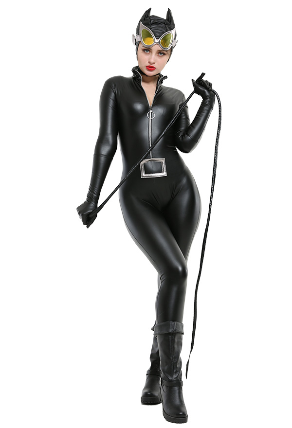Gothic Crime-Fighting Woman Bodysuit Black PU leather Zip Up Halloween Costume with Gloves