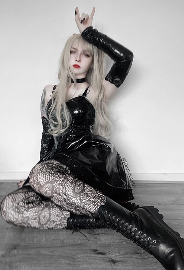 Miss Misa Gothic Chest Open Cami Dress PU Leather Lace Hem Dress Halloween Cosplay Costume with Sleeves and Stockings