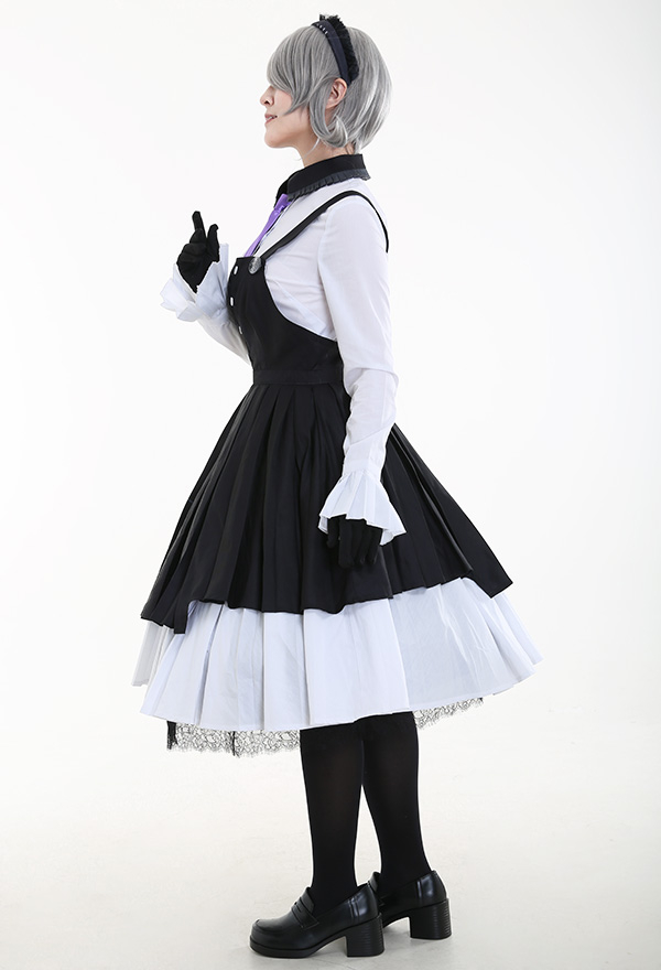 Gothic Vintage Maid Dress Dark Court Style Black and White Lace Decorated Petti Dress Halloweeen Costume with Gloves