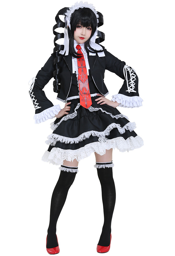 Gothic Devil Girl Fancy Lolita Dress Black and White Lace Ruffle Decorated Adjustable Drawstring Sleeves Halloween Costume