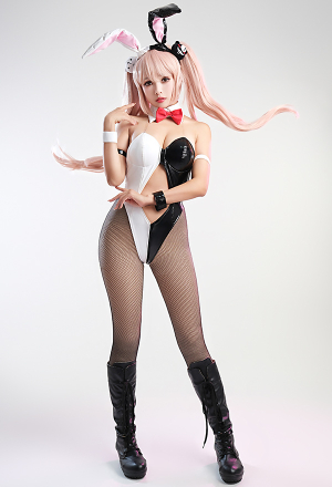 Bunny Girl Women Gothic Sexy Black White Contrast Color Cutout Bodysuit with Headband and Wristbands
