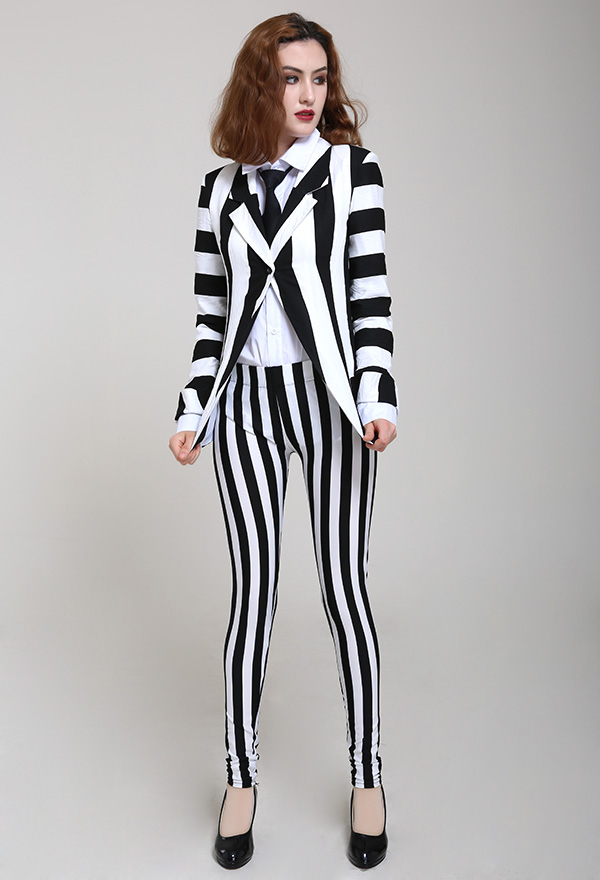 Gothic Vertical Stripes Curvy-fit Jacket Suit Black and White Cotton Jacket Suit with Tie Halloween Costume for Woman