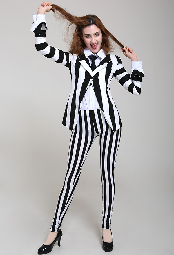 Gothic Vertical Stripes Curvy-fit Jacket Suit Black and White Cotton Jacket Suit with Tie Halloween Costume for Woman