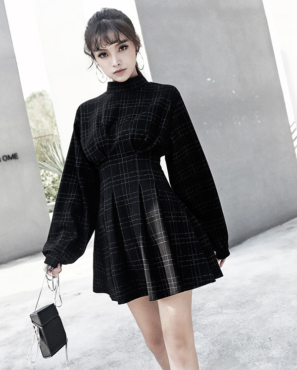 Women's Gothic Retro High Waist Plaid Dress Punk Style Black Terylene Lantern Sleeve Mini Dress