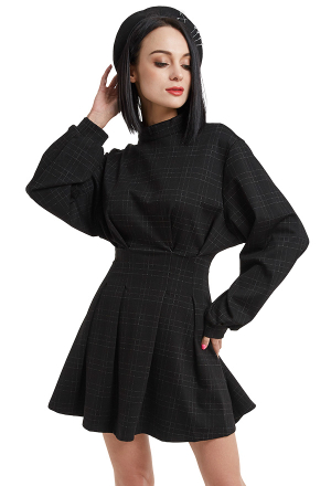 Women's Gothic Retro High Waist Plaid Dress Punk Style Black Terylene Lantern Sleeve Mini Dress