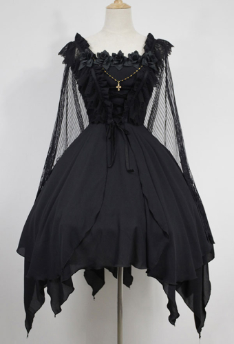 Gothic Lolita Irregular Hem Dress Detachable Cape Dress