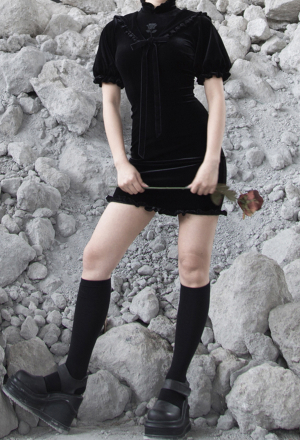 Gothic Punk Cheongsam Style Dress Dark Style Black Ruffled Short Puff Sleeve Fitted Dress with Sailor Cape