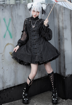 Lolita Punk Dress Kung Fu Girls Black Long Sleeve Dress