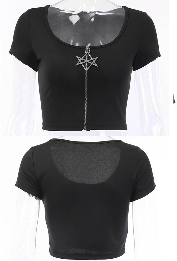 Gothic Cardigan T-shirt Punk Style Black Crop Top with Hexagon Zipper
