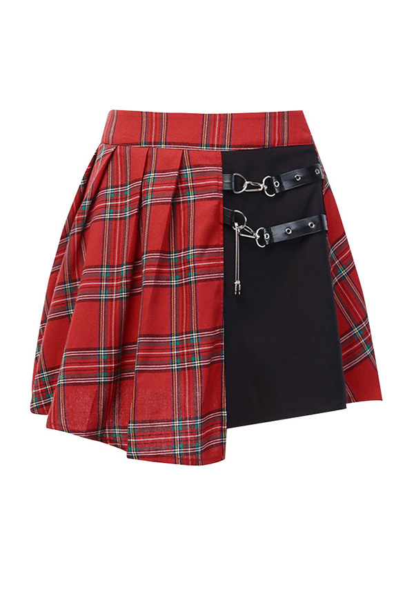Gothic Plaid Skirt Punk Style Contrast Spliced Pleated Skirt with Pin