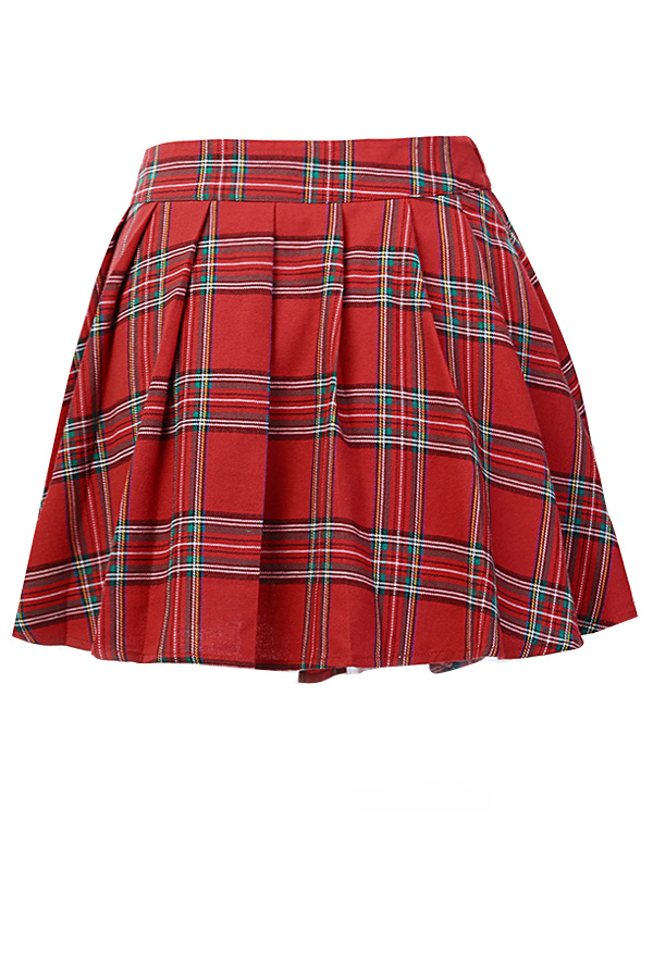 Gothic Plaid Skirt Punk Style Contrast Spliced Pleated Skirt with Pin