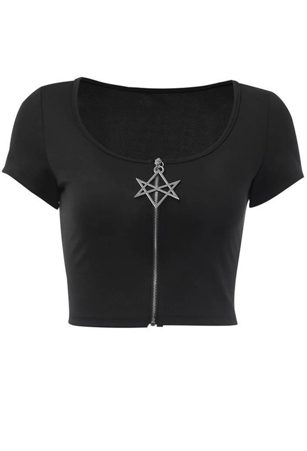 Gothic Cardigan T-shirt Punk Style Black Crop Top with Hexagon Zipper