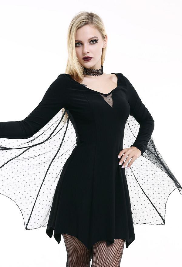 Women's Victorian Vampire Batwing Wonderstruck Bridesmaid Dress Gothic Black Spandex Long Sleeve Sheer Chest Dress Formal Party Dress