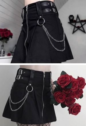 Gothic A Shape Skirt Punk Style Black Polyester Front Part Zipper Skirt