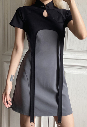 Gothic Cyberpunk Chest Open Two Piece Set Dress Dark Style Chiffon Cheongsam Collar Short Sleeve Bodycon Short Dress