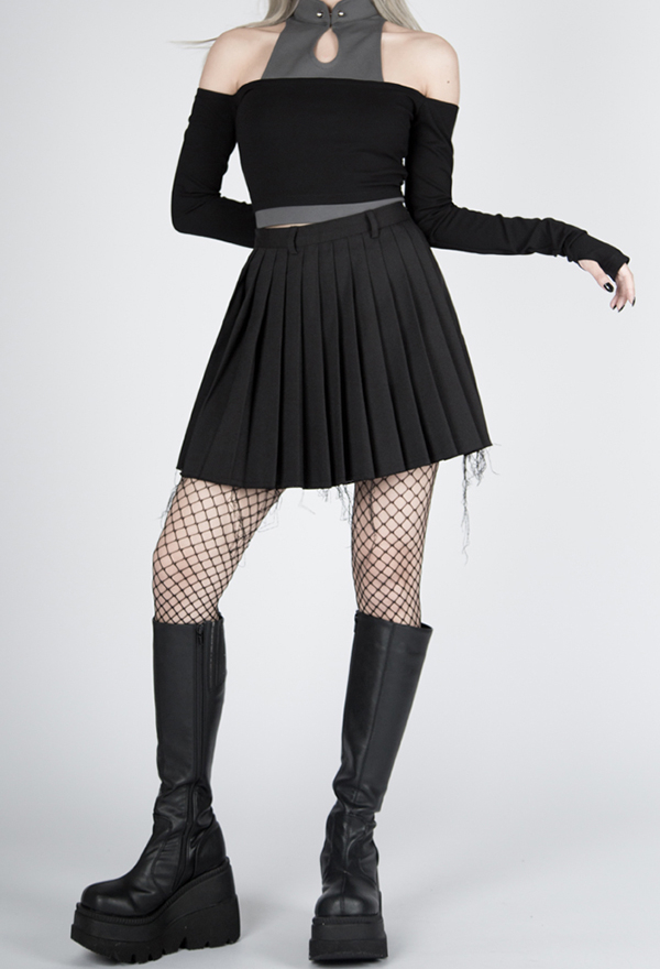 Gothic Cyberpunk Cold Shoulder Top Dark Style Black Nylon Cheongsam Collar Long Sleeve Top