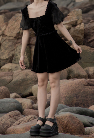 Gothic Punk Waist A Line Short Dress Dark Style Black Short Puff Sleeve Ruffled Tight Dress