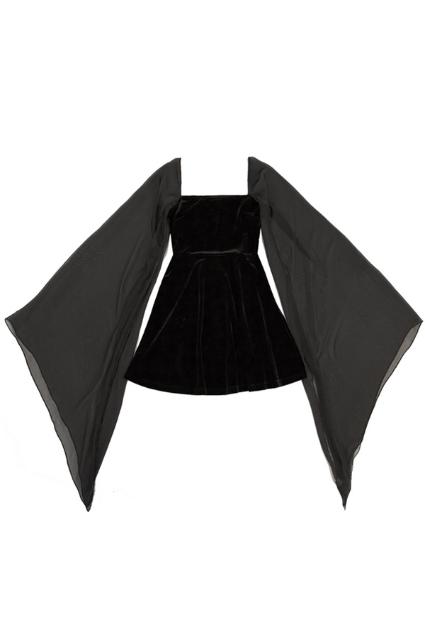Gothic Punk Witch A Line Dress Dark Style Black Velvet Square Collar Chiffon Bell Sleeve Dress