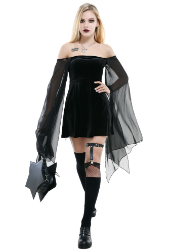 Gothic Punk Witch A Line Dress Dark Style Black Velvet Square Collar Chiffon Bell Sleeve Dress
