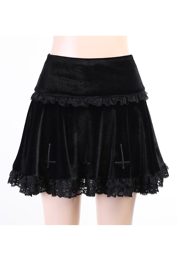Gothic Punk Skirt Dark Style Black Velvet Lace Ruffle Cross Embroidery Skirt