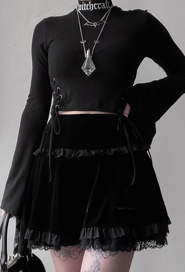 Gothic Punk Skirt Dark Style Black Velvet Lace Ruffle Cross Embroidery Skirt