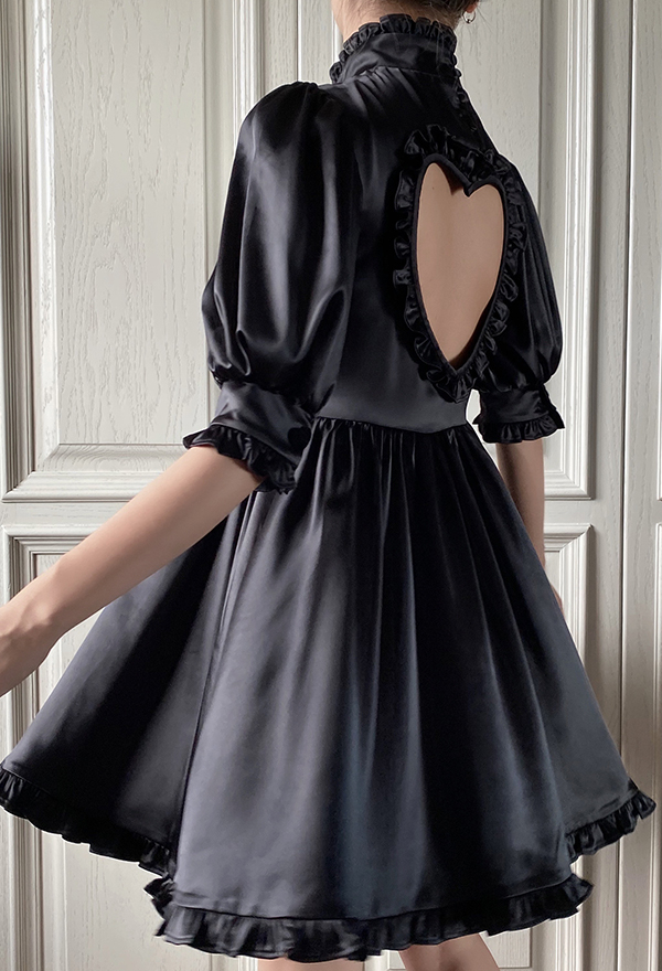 Gothic Punk Back Heart Hollow Dress Dark Style Black Satin Short Puff Sleeve A Line Dress