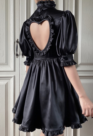 Gothic Punk Back Heart Hollow Dress Dark Style Black Satin Short Puff Sleeve A Line Dress