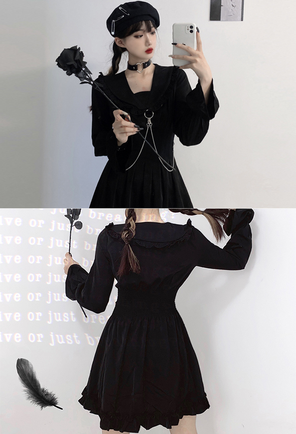 Gothic Punk V Neck Party Dress Dark Style Black Polyester Long Sleeve Ruffled Dress