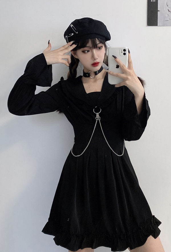 Gothic Punk V Neck Party Dress Dark Style Black Polyester Long Sleeve Ruffled Dress