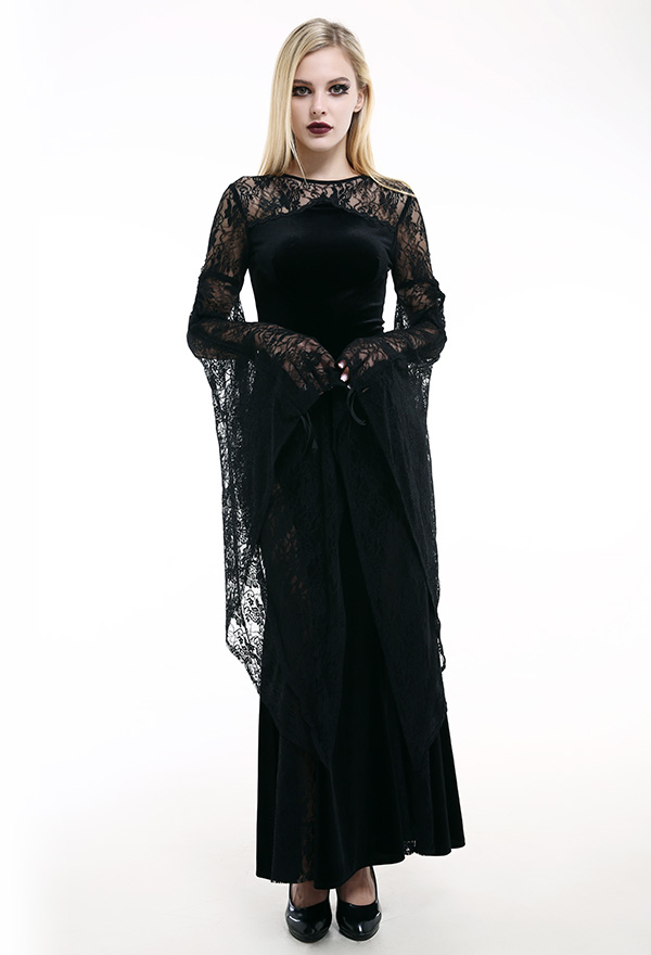 Women's Gothic Victorian Wonderstruck Encounter Wedding Dress Black Long Bell Sleeve Back Floral Overlay Mermaid Bridal Gown