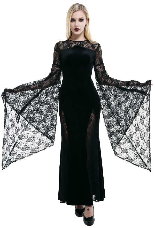 Women's Gothic Victorian Wonderstruck Encounter Wedding Dress Black Long Bell Sleeve Back Floral Overlay Mermaid Bridal Gown