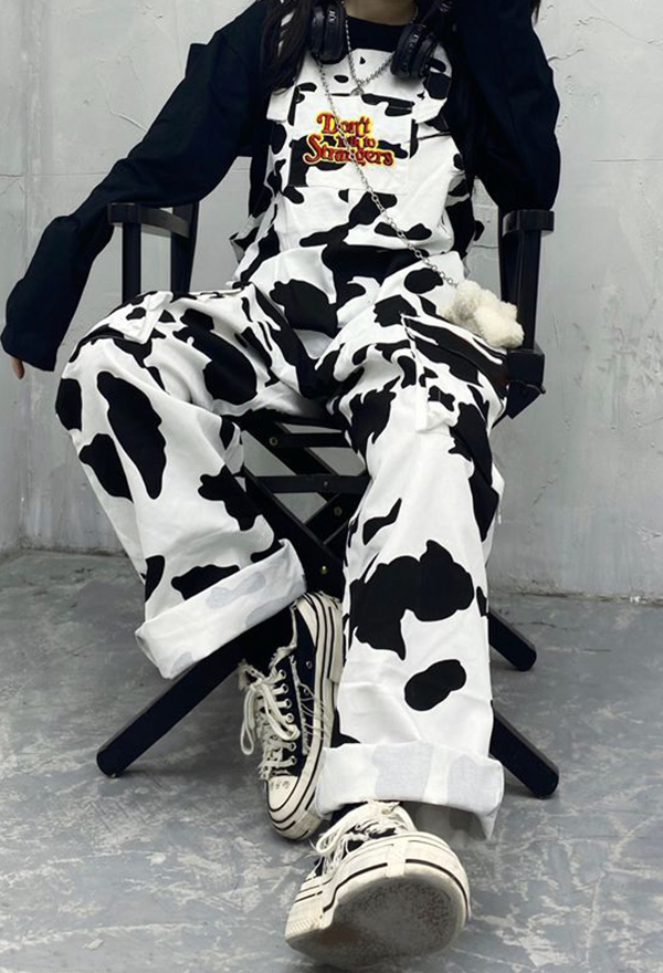 Kawaii Cute Cow Pattern Jumpsuit Black and White Polyester Long Suspender Trousers