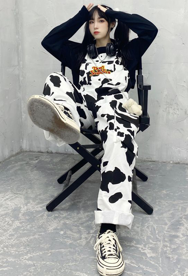 Kawaii Cute Cow Pattern Jumpsuit Black and White Polyester Long Suspender Trousers