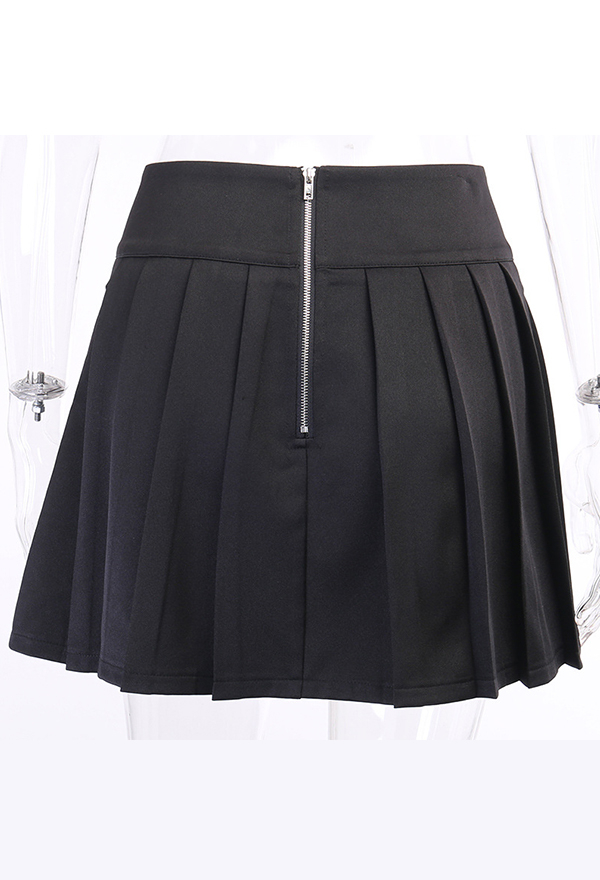 Gothic Punk Pleated Skirt Dark Style Black Polyester High Waist Skirt