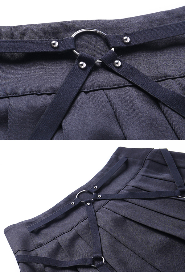 Gothic Punk Pleated Skirt Dark Style Black Polyester High Waist Skirt