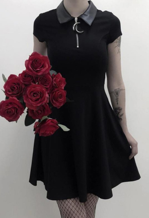 Gothic Mid Length Shirt Dress Punk Style Black Cotton Short Sleeves Crescent Moon Zipper Dress