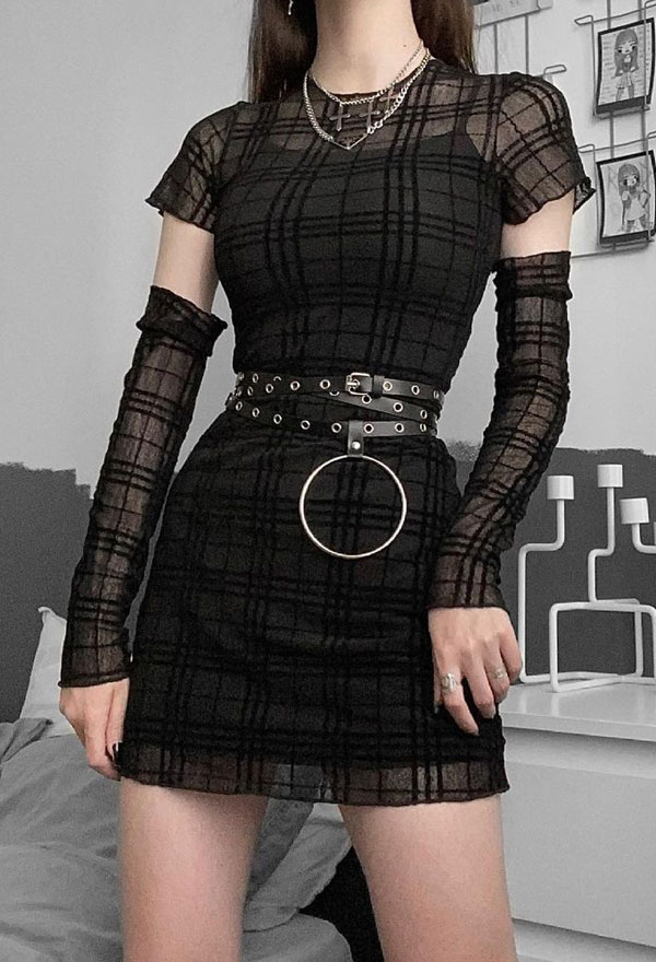 Gothic Grunge Party Dress Dark Style Black Polyester Retro Plaid Short Sleeve Dress