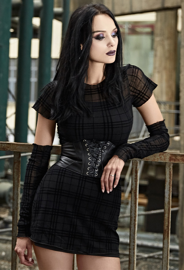 Gothic Grunge Party Dress Dark Style Black Polyester Retro Plaid Short Sleeve Dress