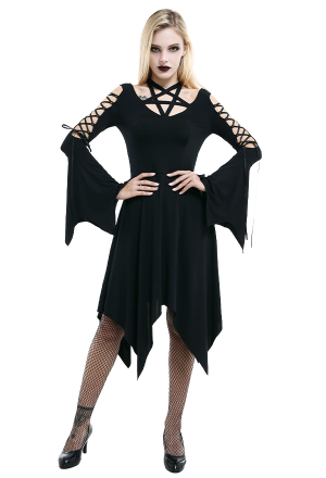 Dark Witch Halloween Bliss My Dear Bridesmaid Dress Gothic Midi Pentagram Neckline Dress Black Spandex Lace Up Sleeve Wedding Dress