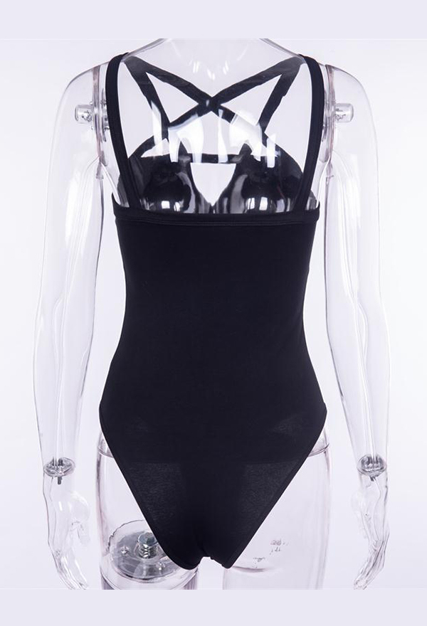 Gothic Punk Vest Bodysuit Dark Style Black Cotton Pentagram Hollow Front Cross Sleeveless Bodysuit