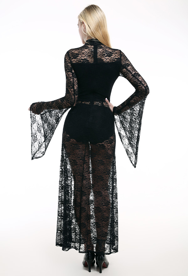 Women's Gothic Mermaid Dress Long Sheer Slit Dress Black Spandex Pentagram Neck Slit Costume for Halloween Party