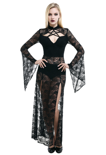 Women's Gothic Mermaid Dress Long Sheer Slit Dress Black Spandex Pentagram Neck Slit Costume for Halloween Party