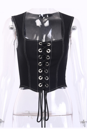 Gothic Denim Vest Punk Style Black Polyester Strapped Navel Vest