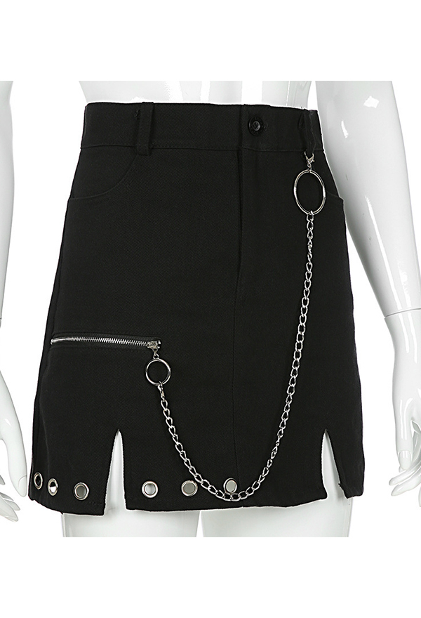 Gothic Punk Pencil Skirt Dark Style Black Spandex Hem Split Metal Chain Skirt