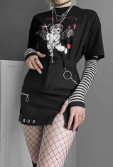 Gothic Punk Pencil Skirt Dark Style Black Spandex Hem Split Metal Chain Skirt