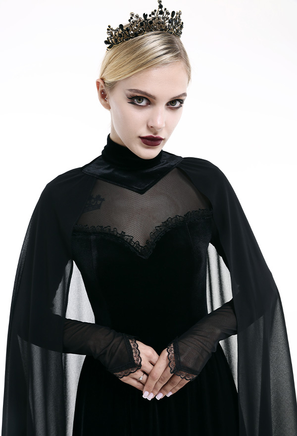 Victorian Evil Queen Bridal Gown Gothic Sheer High Slit Dress Chiffon Elegance Black Lace Overlay Long Wedding Dress
