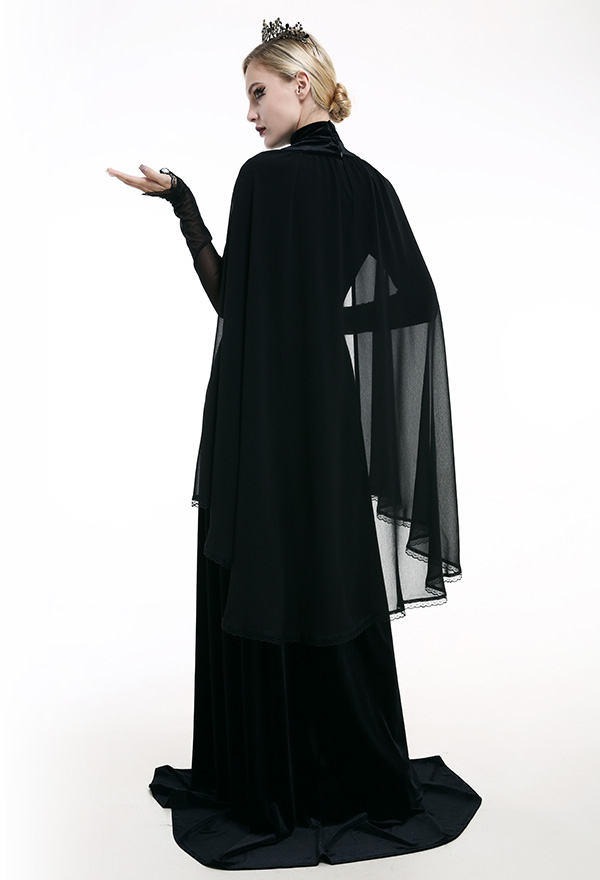 Victorian Evil Queen Bridal Gown Gothic Sheer High Slit Dress Chiffon Elegance Black Lace Overlay Long Wedding Dress