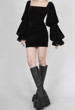 Gothic Punk Long Puff Sleeve Dress Dark Style Retro Velvet Square Collar Tight Dress
