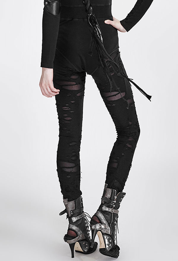 Punk Rave Ripped Off Leggings Gothic Black Polyester Stretchy Women Bottom