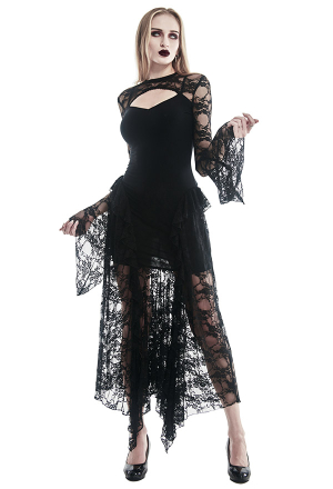 Halloween Gothic Romantic Blind Love Queen Wedding Dress Vintage Style Black Hollow Chest Lace Sheer Sleeves Ruffle Hem Mermaid Maxi Dress